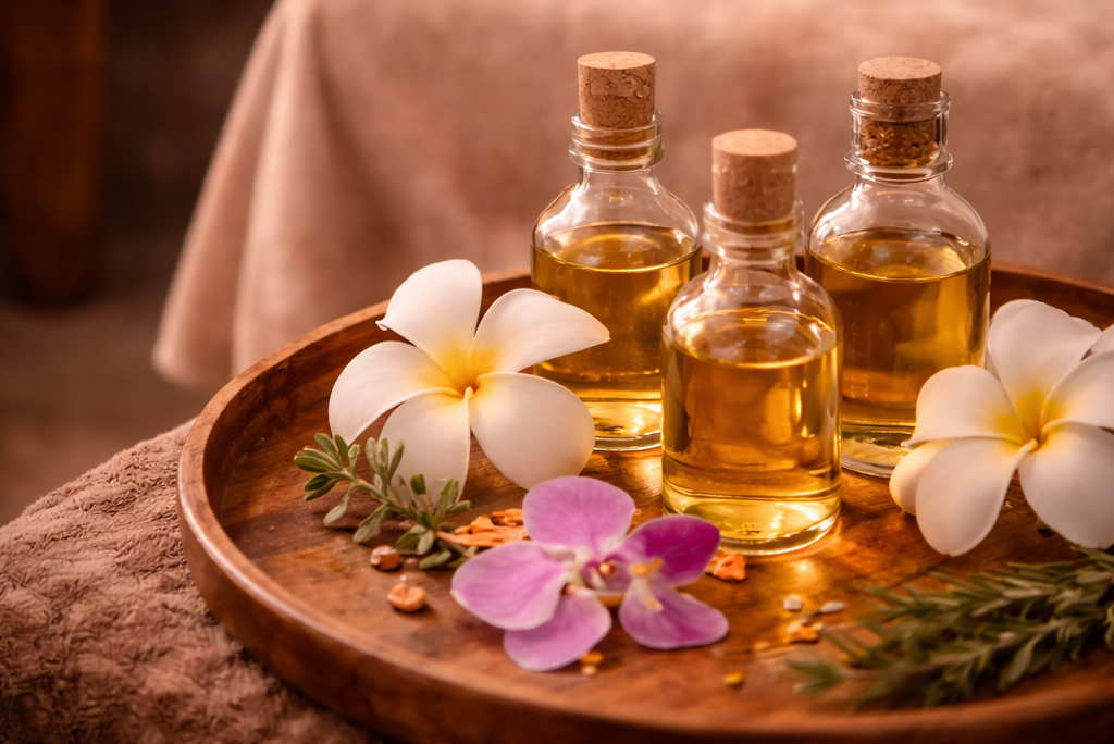 Aromaöle für entspannende Thai Aroma Massage in ruhiger Spa Atmosphäre