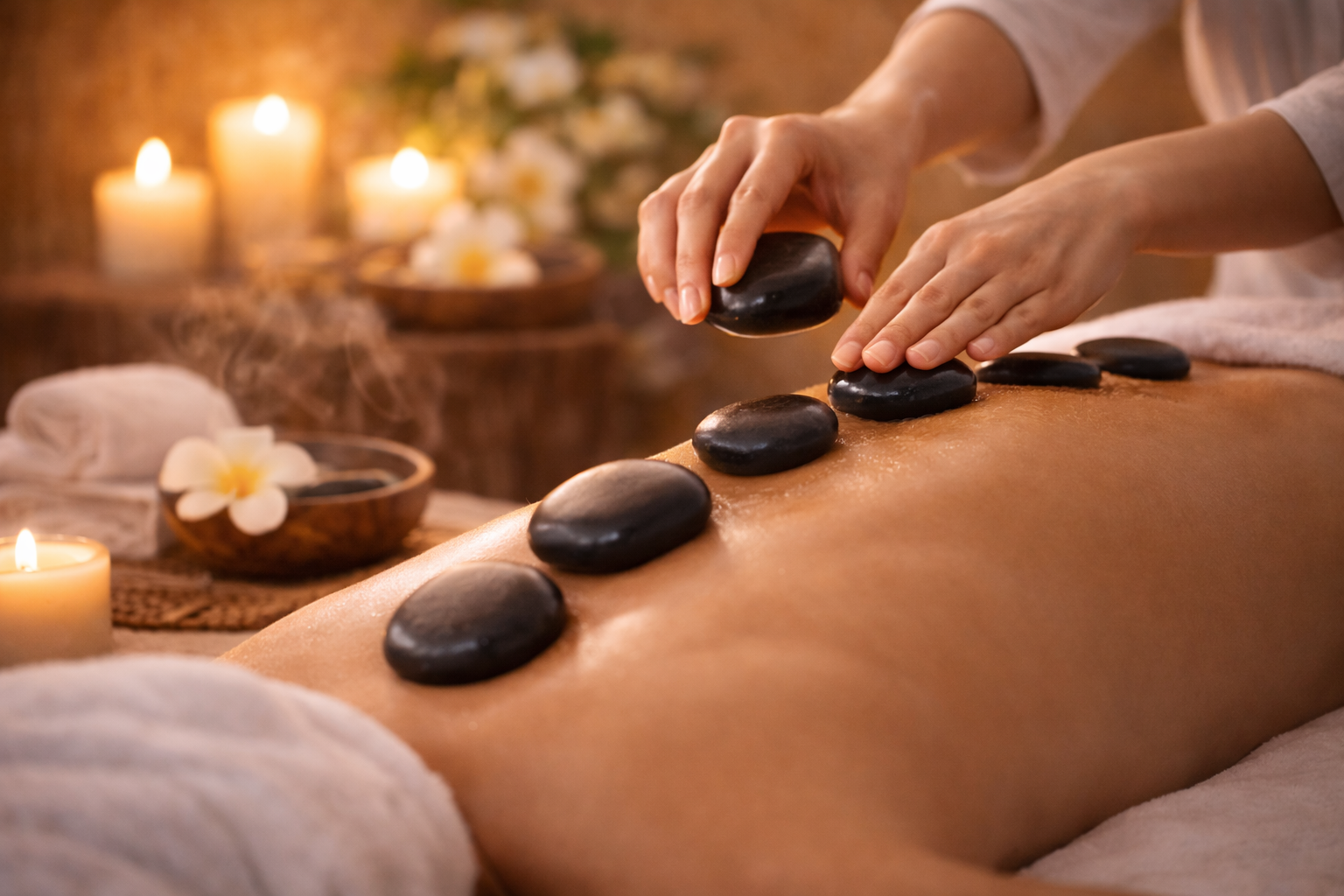 Hot Stone Massage mit warmen Basaltsteinen zur Tiefenentspannung