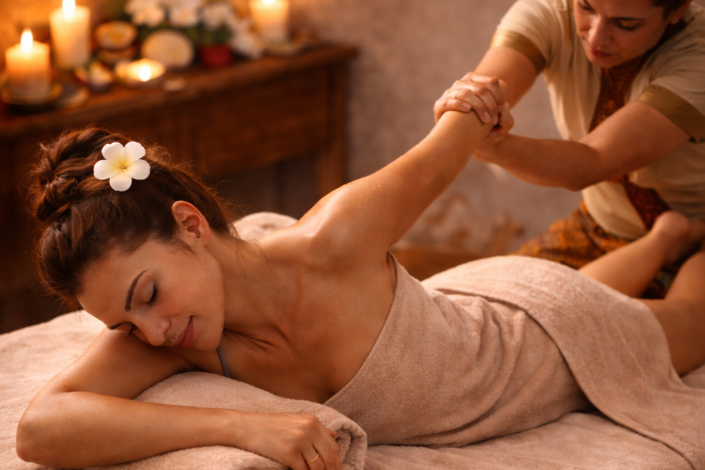 Intensive Ganzkörpermassage mit Dehntechniken zur Lösung tiefer Verspannungen