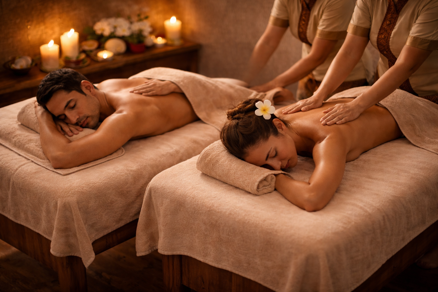 Partnermassage für zwei Personen in einem Raum auf zwei separaten Massageliegen